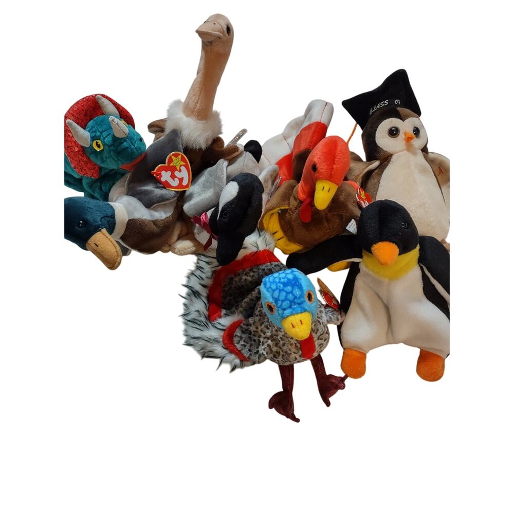 Beanie Babies 8 Birds Waddle Stretch Lurky Gobbles Loosey Jake Wise Hornsly